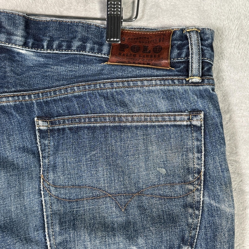 Ralph Lauren Jeans Mens 38x27 Blue Slim Straight Distressed Frayed *Hemmed Short - Picture 9 of 12